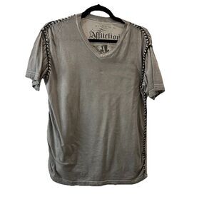 Affliction Gray Thick Stitch Lace Trim Detail V Neck Short Sleeve Top Womens S